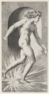 Levy 11: Apollo ratsastaa vaunuillaan kapealla, oikealle, sarjasta Mythologica..., 1526. tekijältä Giovanni Jacopo Caraglio