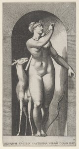 Levy 12: Diana seisoo kapealla, kääntyy vasemmalle ja vetää nuolta ulos q..., 1526. tekijältä Giovanni Jacopo Caraglio
