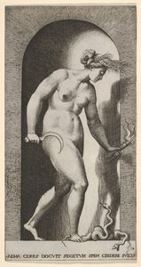 Levy 14: Ceres kapealla, oikealle päin, seisoo kaksipäisen käärmeen päällä ja pitelee h..., 1526. tekijältä Giovanni Jacopo Caraglio