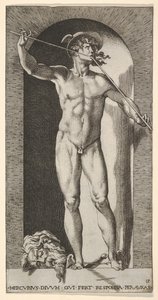 Levy 14: Merkurius seisoo markkinarakossa soittamassa piippujaan vanhan m..., 1526, katkaistu pää. tekijältä Giovanni Jacopo Caraglio