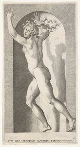 Levy 16: Hebe markkinarakossa kädet ilmassa, juoksee vasemmalle katsoen..., 1526. tekijältä Giovanni Jacopo Caraglio