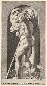 Levy 1: Saturnus nichessä, joka syö poikaansa, seisoo viikatettä, sarjasta m..., 1526. tekijältä Giovanni Jacopo Caraglio