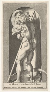 Levy 1: Saturnus nichessä, joka syö poikaansa, seisoo viikatettä, sarjasta m..., 1526. tekijältä Giovanni Jacopo Caraglio