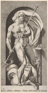 Levy 5: Neptunus seisoo syvennyksessä pitelemässä kolmioharrasta, jossa on hippokampuksen merihevonen beh..., 1526.