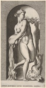 Levy 6: Thetis seisoo syvennyksessä kuoren ja merieläimen kanssa, kaatamassa vettä ..., 1526. tekijältä Giovanni Jacopo Caraglio