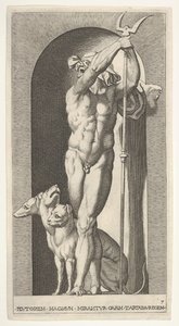 Levy 7: Pluto nichessä, kädessään bidentti, jonka vieressä on Cerberus, sarjasta m..., 1526. tekijältä Giovanni Jacopo Caraglio