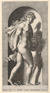 Levy 8: Prosperpina, seisoo kapealla, kääntyy oikealle pitäen vaippaa bo..., 1526. tekijältä Giovanni Jacopo Caraglio