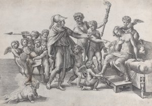 Aleksanterin ja Roxanan avioliitto, Aleksanteri putin ympäröimänä, tarjoten kruunun..., 1520-39. tekijältä Giovanni Jacopo Caraglio