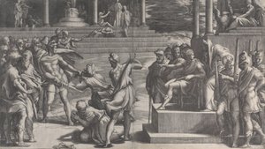 Pyhän Paavalin marttyyrikuolema ja Pyhän Pietarin tuomio, 1524-27. tekijältä Giovanni Jacopo Caraglio