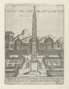 Egyptiläinen obeliski Villa Medicin puutarhassa Roomassa Obelisco nel giard.o del ser.mo G. D. Di Tosc.a (otsikko esineessä) Modernit ja muinaiset monumentit ja rakennukset Roomassa (sarjan nimi) Ornamenti di fabriche antichi et moderni dell