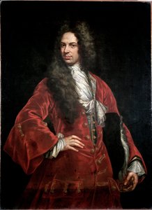 Muotokuva herrasmiehestä punaisessa puvussa Giovanni Maria Delle Pianen maalaus dit il Mulinaretto (1660-1745) Koko 132x97 cm Genes Musei di Strada Nuova (ex Palazzo Bianco)