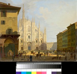 Näkymä Piazza Duomolle Milanossa, Italiassa (katedraaliaukio Milanossa) Giovanni Migliaran (1785-1837) maalaus 1828 Yksityinen kokoelma