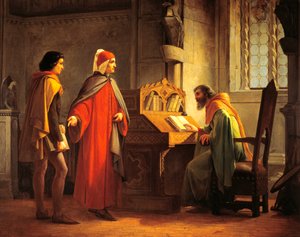 Dante Alighieri (1265-1321) esittelee Giottoa Guido da Polentalle, kirjoittanut Giovanni Mochi (1829-1892), öljy aluksella
