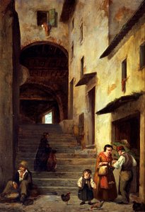 Näkymä kadulle Sestri Levantessa, Genovan Rivieralla, noin 1863, kirjoittanut Giovanni Mochi (1829-1893), öljy kankaalle, 40x30 cm.