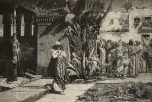 Magdalena, nainen turbaanilla ja kulkue Lähi-idän kylässä, Cantagallin veljien kaiverrus Giovanni Muzziolin (1854-1894) maalauksesta, Modena, Italia L