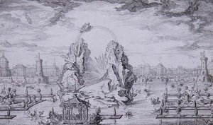 Ilotulitus Dauphinin syntymän (Ludvix XV:n pojan) kunniaksi, kaiverrus Jean Dumont (Le Romain) (1701-81) 1730 (etsaus) tekijältä Giovanni Niccolo (after) Servandoni