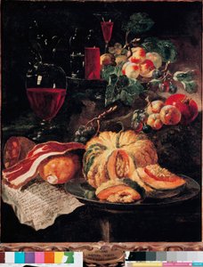 Asetelma Kurpitsa, pekoni, kinkku, persikat ja viini. Giovan Paolo Castellin maalaus dit Lo Spadino (1659-1730) 1703 Rooma, Conservatori capitolini -museo tekijältä Giovanni Paolo Castelli