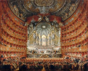 Kardinaali de La Rochefoucauld piti musiikilliset juhlat Teatro Argentinassa Roomassa vuonna 1747 tekijältä Giovanni Paolo Pannini