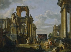 Forum Romanumin arkkitehtoninen capriccio filosofien ja sotilaiden kanssa muinaisten raunioiden joukossa tekijältä Giovanni Paolo Pannini