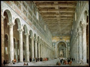 Pyhän Paavalin basilikan sisätilat muurien ulkopuolella Roomassa, n. 1750 tekijältä Giovanni Paolo Pannini