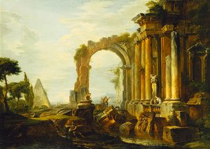 Klassisten raunioiden capriccio Cestiuksen pyramidin ja hahmojen kanssa maisemassa, tekijältä Giovanni Paolo Pannini