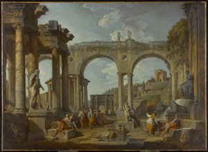 Roomalaisten raunioiden capriccio Konstantinuksen kaarella, n. 1755 tekijältä Giovanni Paolo Pannini