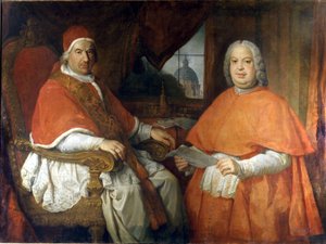 Benedictus XIV ja kardinaali Silvio Valenti Gonzaga (Gonzague). Giovanni Paolo Panninin (Panini) maalaus. 1700-luvulla. Rooma, Rooman museo tekijältä Giovanni Paolo Pannini