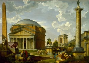 Fantasianäkymä Pantheonin ja muiden antiikin Rooman monumenttien kanssa tekijältä Giovanni Paolo Pannini