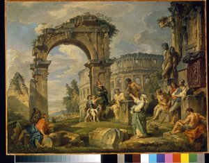 Sibyl of Cumae (Italia) ennustaa Kristuksen syntymää. (Kumealainen Sibylla ennusti Kristuksen syntymää). Giovanni paolo paninin (tai Panninin) maalaus (1691-1765), öljy kankaalle tekijältä Giovanni Paolo Pannini