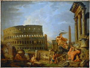 Colosseum ja Konstantinuksen kaari ja allegoria Rooman valtakunnan rappiosta ... (maalaus kankaalle)