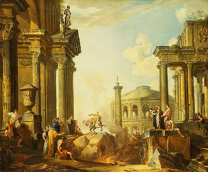 Marcus Curtius hyppää kuiluun, Capriccio Trajanuksen pylvään kanssa ja muita klassisia rakennuksia sen takana, tekijältä Giovanni Paolo Pannini