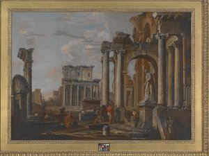 Antoninuksen ja Faustinan temppelin rauniot (öljy kankaalle) tekijältä Giovanni Paolo Pannini