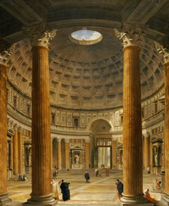 Pantheonin sisätilat, Rooma, katsoen pohjoiseen pääalttarista sisäänkäynnille, 1732 tekijältä Giovanni Paolo Pannini