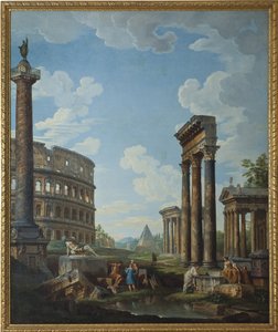 Capriccio, jossa on hahmoja roomalaisissa raunioissa, mukaan lukien Konstantinuksen kaari ja Pantheon, Colosseum ja Trajanuksen pylväs (Trajanuksen pylväs tai Colonna Traiana) - Giovanni Paolo Paninin (Pannini) (1691-1765) maalaus, öljy kankaalle, 2108. x1 tekijältä Giovanni Paolo Pannini