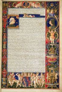 Grenville MS 7251 Ludovico Sforzalle teloitetun Sforziadan tai Francesco Sforzan elämän luksuskopion etukappale, Giovanni Simonettan kirjoittama latinankielinen käännös. tekijältä Giovanni Pietro Birago