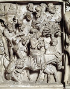 Yksityiskohta Giovanni Pisanon (1248-1314) tuolin reliefeistä: Yksityiskohta marmorisaarnatuolien reliefeistä, lento Egyptiin 1302-1311 Cathedrale de Pisa (Duomo di Pisa), Italia tekijältä Giovanni Pisano