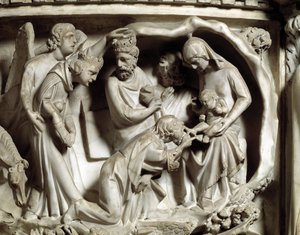 Yksityiskohta Giovanni Pisanon (1248-1314) tuolin reliefeistä: Yksityiskohta marmorisaarnatuolien reliefeistä, maagien palvonta 1302-1311 Pisan katedraali (Duomo di Pisa), Italia tekijältä Giovanni Pisano