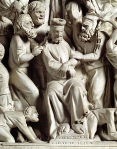 Yksityiskohta Giovanni Pisanon (1248-1314) tuolin reliefeistä: Yksityiskohta marmorisaarnatuolien reliefeistä, jeesus pilkattiin 1302-1311 Pisan katedraali (Duomo di Pisa), Italia tekijältä Giovanni Pisano