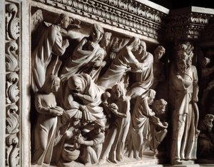 Yksityiskohta Giovanni Pisanon (1248-1314) toteuttamista tuolin kohokuvioista: Johannes Kastajan julistus, vierailu ja syntymä (Yksityiskohta marmorisaarnatuolien reliefeistä, julistus, vierailu ja Pyhän Johannes Kastajan syntymä) 1302 -1311 Cath tekijältä Giovanni Pisano