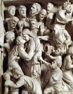 Yksityiskohta Giovanni Pisanon (1248-1314) toteuttamista tuolin reliefeistä: Juudaksen suudelma (Yksityiskohta marmorisaarnatuolien reliefeistä, Juudaksen suudelma) 1302-1311 Pisan katedraali (Duomo di Pisa), Italia
