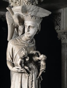 Yksityiskohta Giovanni Pisanon (1248-1314) tuolia tukevista veistoksista: kirkko ruokkimassa lapsiaan (Yksityiskohta marmorista saarnatuolia tukevista veistosista, kirkko ruokkii lapsiaan) 1302-1311 Pisan katedraali (Duomo di Pis) tekijältä Giovanni Pisano