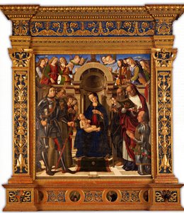 Pala Oliva. Madonna ja lapsi valtaistuimelle pyhien Yrjön, Franciscus Assisilaisen välillä…, 1489.