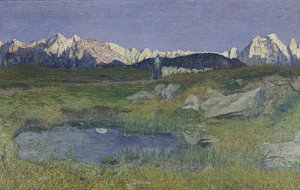 Alppimaisema auringonlaskun aikaan tekijältä Giovanni Segantini