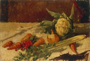 Asetelma porkkanoilla, Giovanni Segantini (1858-1899), öljy kankaalle, 51x75 cm tekijältä Giovanni Segantini