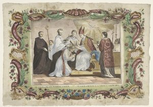 Pappeuden sakramentti VI. sacramentum ordo sacer / VI. sacramento la orden sacrada (otsikko esineessä) Seitsemän sakramenttia (sarjan nimi) tekijältä Giovanni Volpato