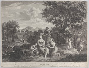 Primavera, naisryhmä, joka kerää kukkia ja tekee niistä kruunuja, n. 1764.