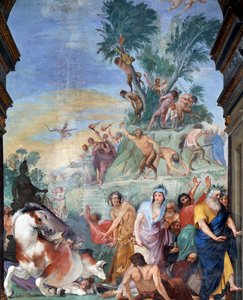 Muusat ja runoilijat metsästävät Parnassusta (Parnassuksesta karkotetut muusat ja runoilijat) Giovanni da San Giovannin (1592-1636) freskoyksityiskohta 1634-1642 Museo degli argenti, Palazzo Pitti, Firenze tekijältä Giovanni da San Giovanni
