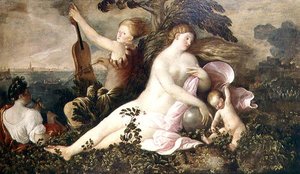 Allegoria venetsialaisesta voitosta, Onnen tai Sattuman keskushahmo sekä luontoa ja musiikkia symboloivat hahmot, n. 1518