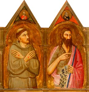 Pyhä Franciscus ja Johannes Kastaja (vasemmat triptyykin paneelit) (tempera ja kultalehti paneelissa) tekijältä Giovanni del (follower of) Biondo