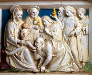 Taikaiden palvonta, yksityiskohta Predella of Last Judgment, Giovanni Della Robbia (1469-1529), San Girolamon kirkko Volterrassa, Toscana